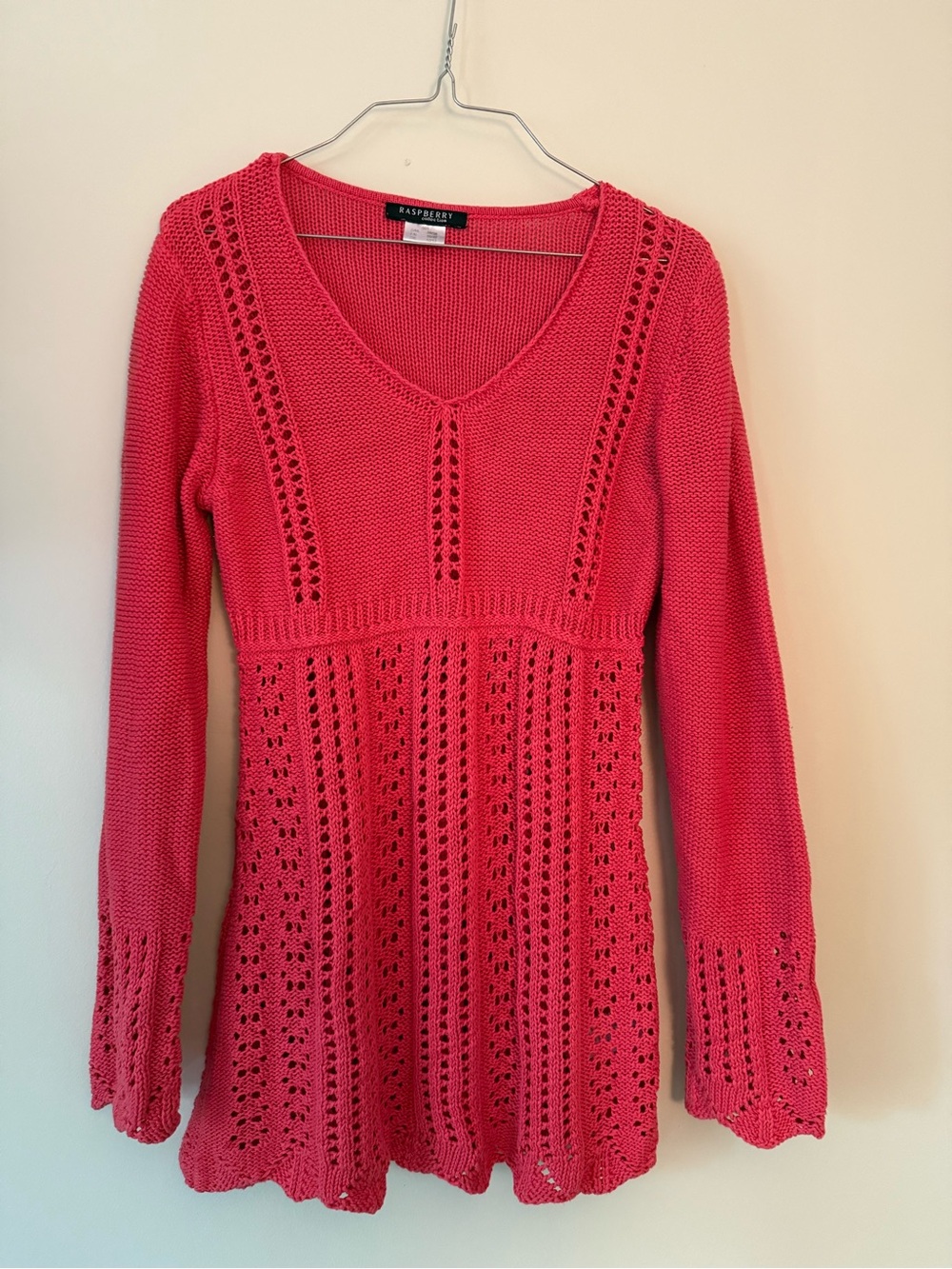 Crochet V-Neck Long Sleeve Dress - Coral Pink
